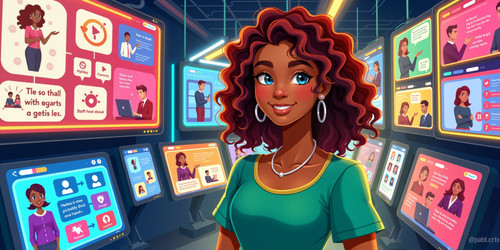 Create an illustration depicting Bella as a vibrant young woman with curly hair and sparkling eyes s.jpg