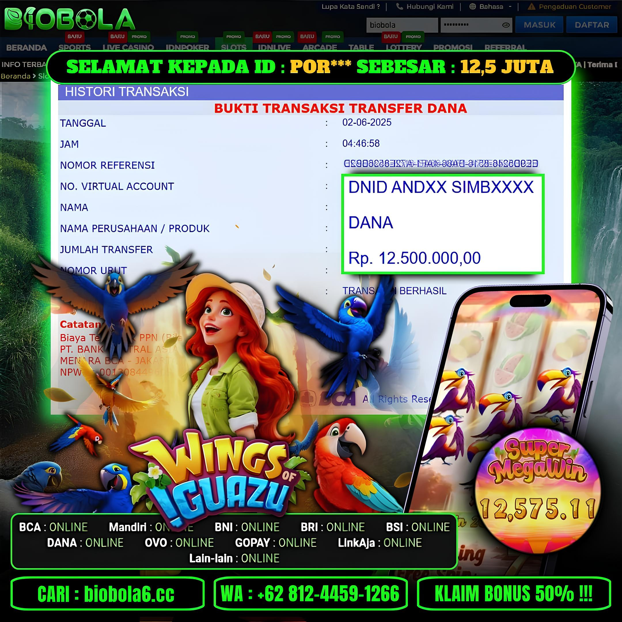 BIOBOLA  - JACKPOT DI GAME SLOT WINGS OF IGUAZU RP 12,5JT DIBAYAR LUNAS