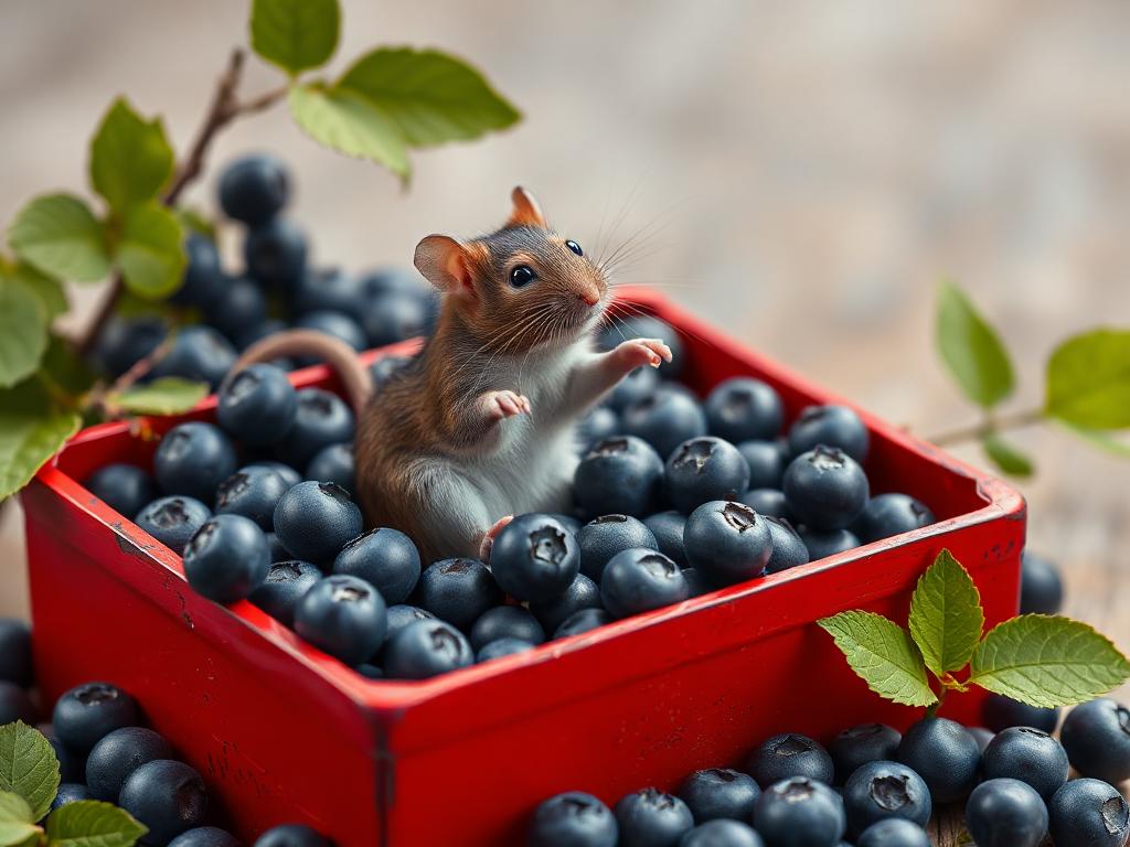A red box of blue berries with a rat dancing inside