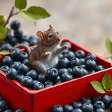 www.naked-ai.art - A red box of blue berries with a rat dancing inside