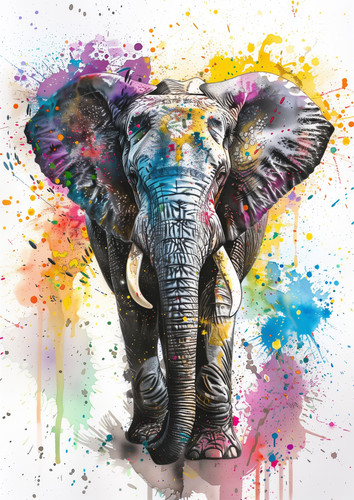 watercolor elephant, white background, colorful splashes of color around the edges in the style of t.jpg