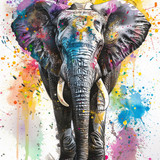 watercolor elephant, white background, colorful splashes of color around the edges in the style of t
