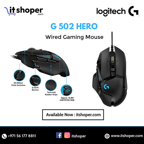 Logitech G502 HERO Wired Gaming Mouse with RGB lighting and textured rubber grips on a dark backgrou.jpg