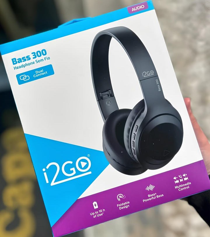 Headphone Bluetooth BASS 300 i2GO com Microfone Integrado, Controle Multimídia, Até 10h de bateria, Entrada Cartão Micro-SD, Entrada cabo auxiliar P2 (Incluso), Dobrável, Conexão Multiponto