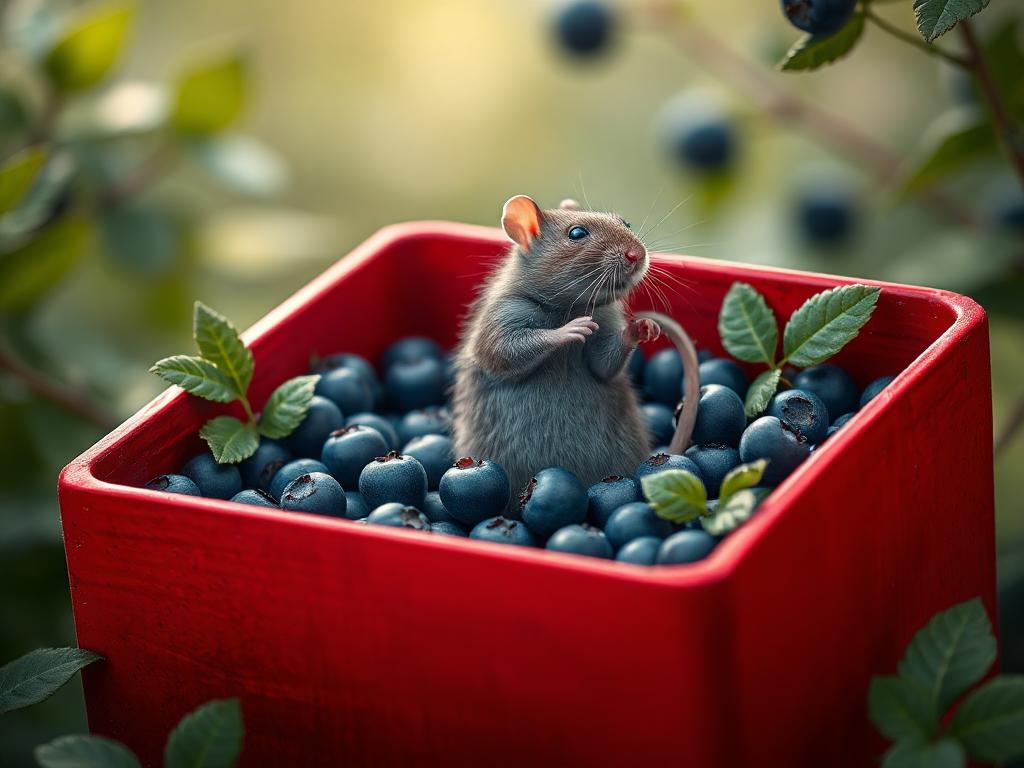 A red box of blue berries with a rat dancing inside