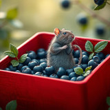 www.naked-ai.art - A red box of blue berries with a rat dancing inside