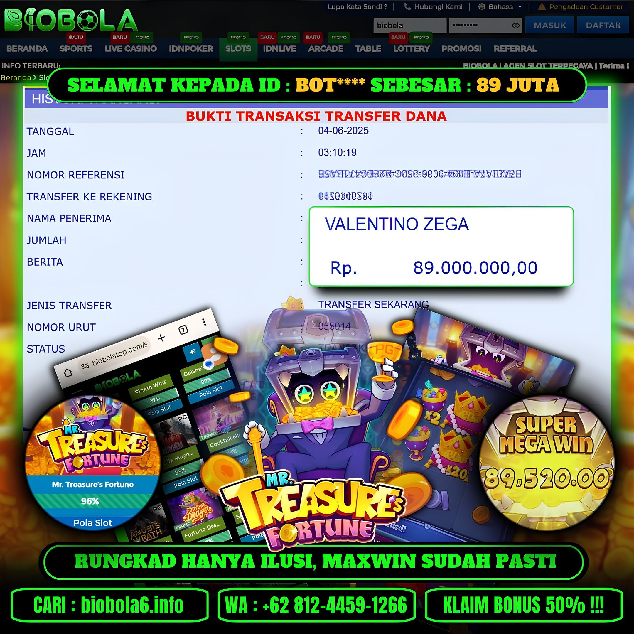 BIOBOLA  - JACKPOT DI GAME SLOT MR TREASURE FORTUNE RP 89JT DIBAYAR LUNAS