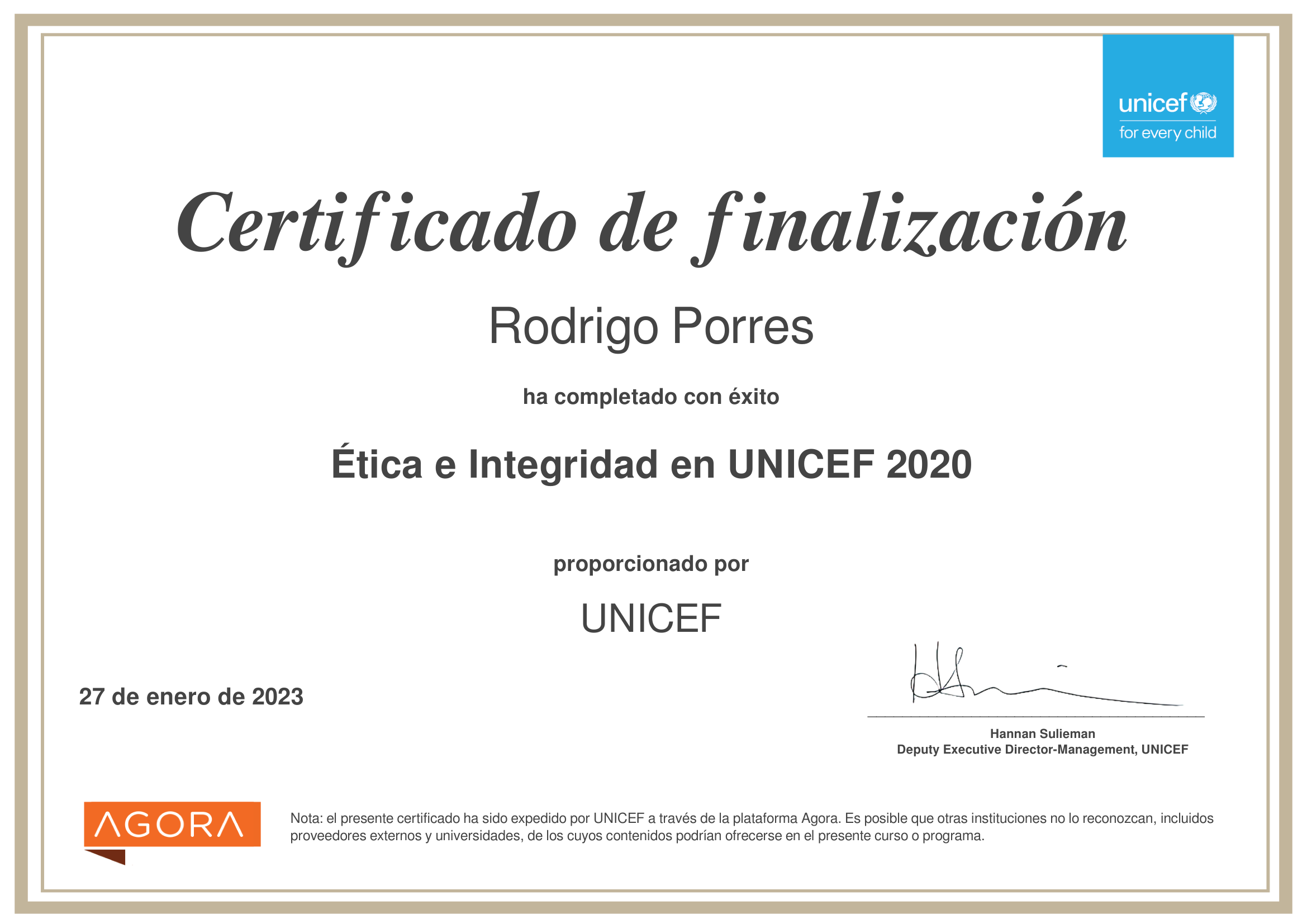 Certificado Etica UNICEF