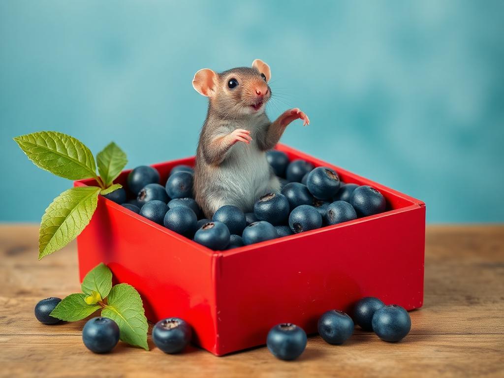 A red box of blue berries with a rat dancing inside