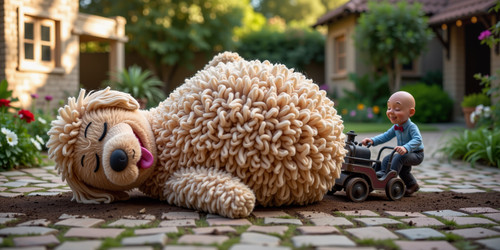 A humorous and somewhat depraved scene featuring Big Belly Bob BBB the plush labradoodle with an abs.jpg