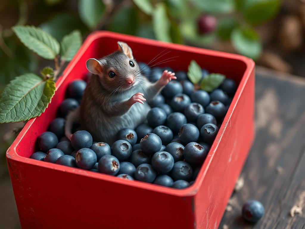 A red box of blue berries with a rat dancing inside