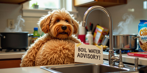 A humorous scene featuring Big Belly Bob BBB the plush labradoodle with an absurdly large spherical .jpg