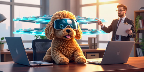A hyperrealistic illustration of a Big Belly Bob plush labradoodle wearing a chrome visor over its e.jpg