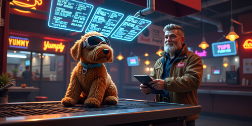 A hyperrealistic illustration of a Big Belly Bob plush labradoodle BBB sitting proudly on a shiny cy.jpg