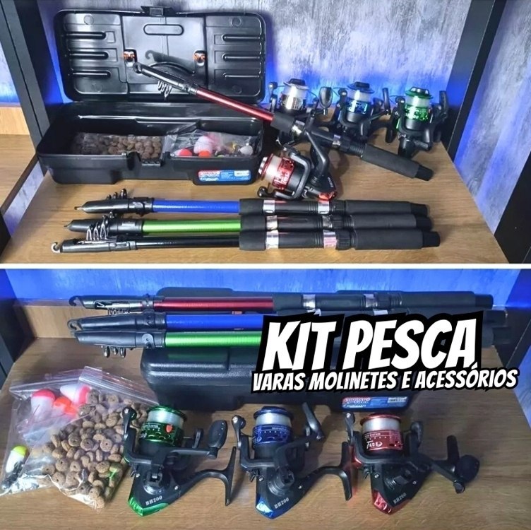 Pescamping Kit Pesca Completo 4 Varas Fibra De Vidro E 4 Molinetes Leve Com Linha – Maleta Com Acessórios Bóias Chumbadas Anzóis