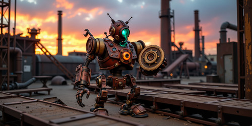 Subject A Retro Rogue Robot RRR a steampunk style heavily rusted mechanical warrior Context The robo.jpg