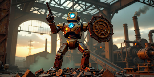Subject Retro Rogue Robot RRR in a heroic stance The robot stands tall on a mound of broken steel pl.jpg