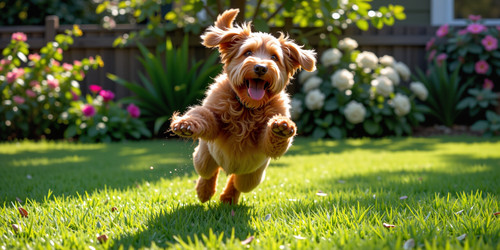 Big Belly Bob the bouncy labradoodle mid bounce on a sun drenched green lawn His fluffy caramel colo.jpg