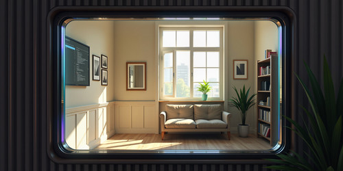 A cinematic illustration of a thick futuristic plexiglass pane spanning a window in a high tech inte.jpg