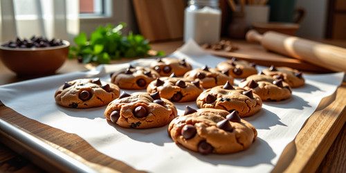 Subject Beautiful homemade chocolate chip cookies freshly baked in a gleaming pan The cookies are ro.jpg