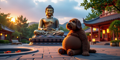 A whimsical scene featuring a towering bronze Buddha statue seated in a serene temple courtyard bath.1