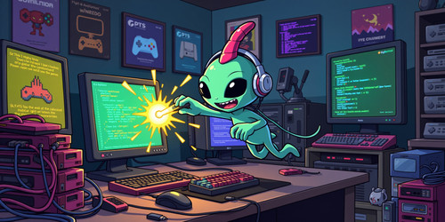 A cringe worthy slightly chaotic scene featuring an Absurdly Adorable Alien AAA with a giant pink an.1