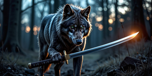 A fierce gray wolf with subtle white patches around its eyes and glowing green eyes standing in a tw.1