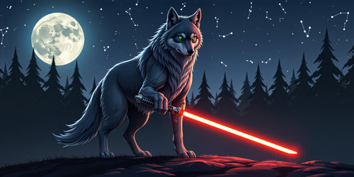 A stylized illustration of a wolf with sleek gray fur and subtle white patches around its eyes givin.1