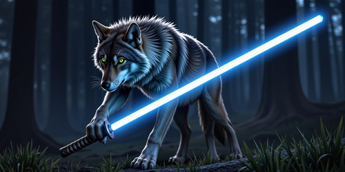 A fierce gray wolf with subtle white patches near its eyes and glowing green eyes standing poised in.1