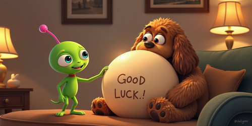 A whimsical scene showing an Absurdly Adorable Alien AAA with a big round head wide curious eyes and.1