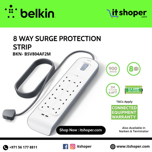 Belkin 8 way surge protection strip available at itshoper electronics store in UAE with 900 joules p.jpg