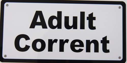 An image of a clear rectangular sign with bold black text reading Adult Content in a large sans seri.jpg