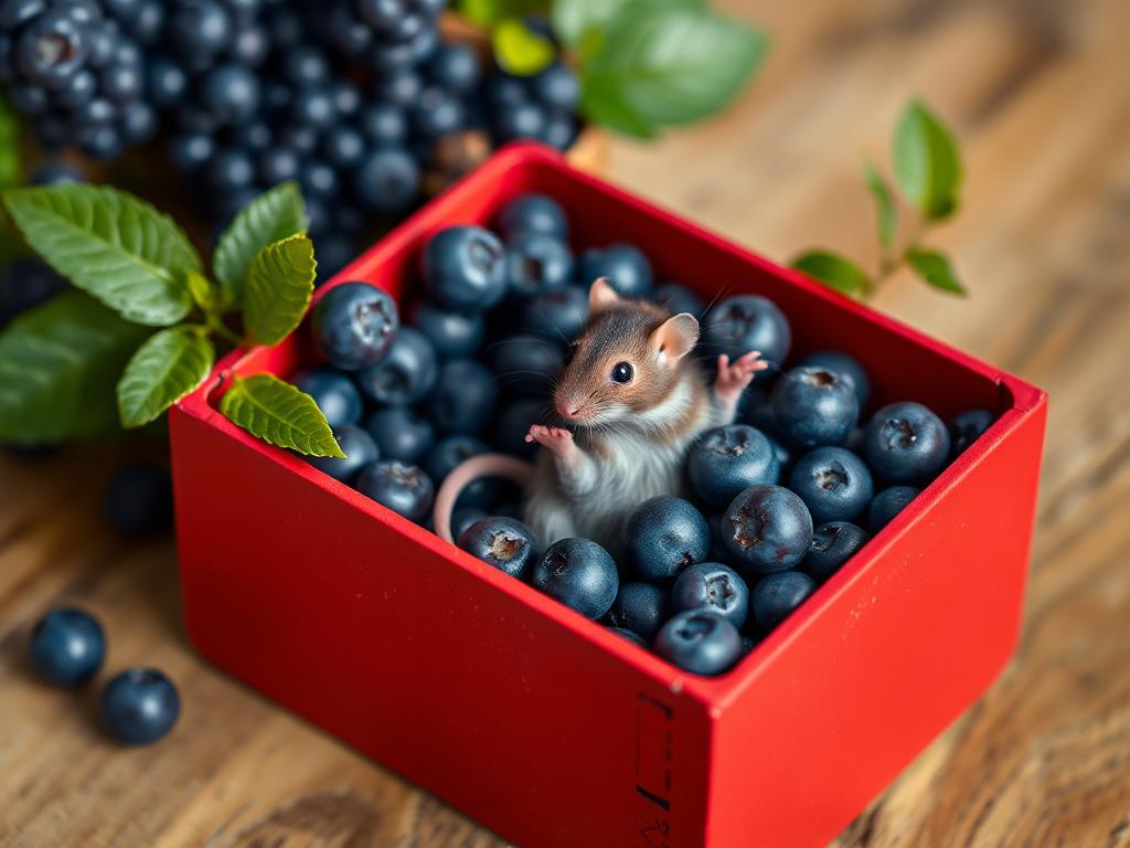 A red box of blue berries with a rat dancing inside
