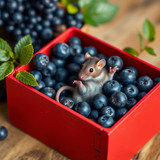 www.naked-ai.art - A red box of blue berries with a rat dancing inside