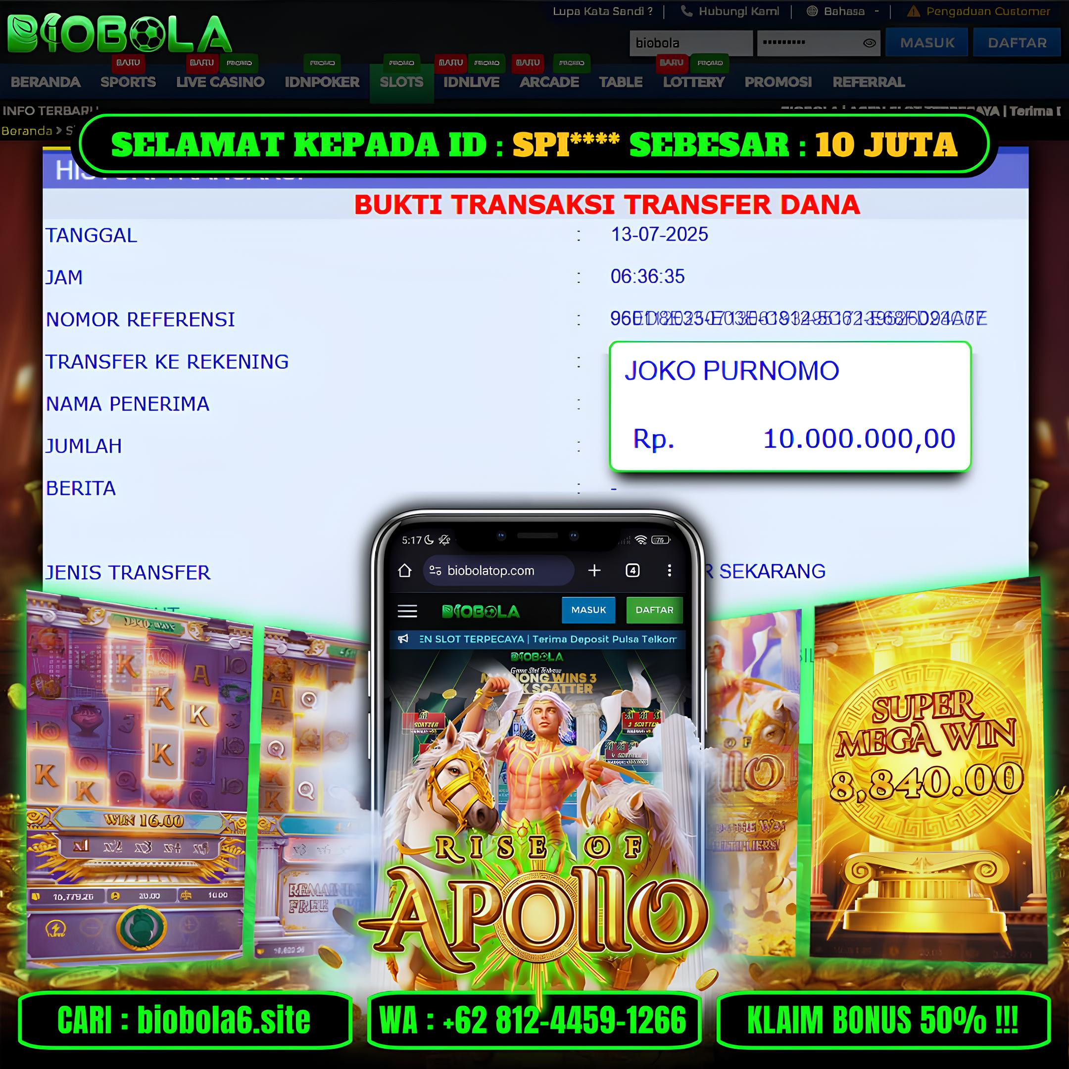 BIOBOLA  - JACKPOT DI GAME SLOT RISE OF APOLLO RP 10JT DIBAYAR LUNAS
