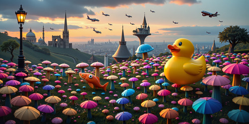 A bewildering and surreal image featuring a landscape populated by an eclectic mix of unrelated obje.jpg