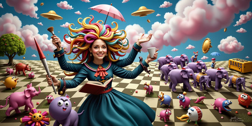 A surreal and whimsical image featuring a chaotic depiction of myself Bella Imagine me as a central .jpg
