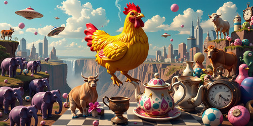 A chaotic and surreal image filled with a myriad of unrelated objects and creatures In the foregroun.jpg