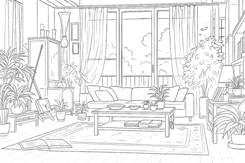 cozy home interior anime style sketch.png