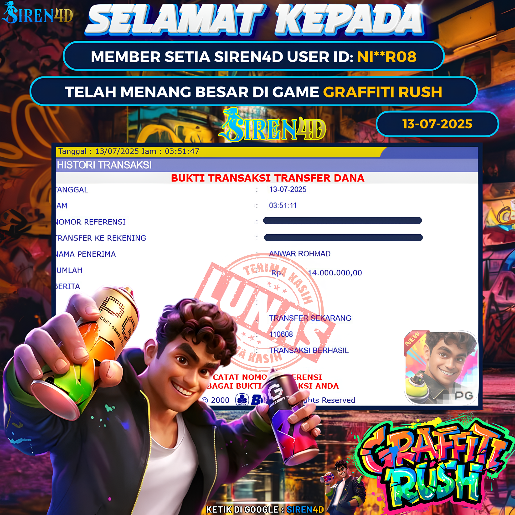 SIREN4D  - JACKPOT DI GAME SLOT GRAFFITI RUSH RP 14JT DIBAYAR LUNAS