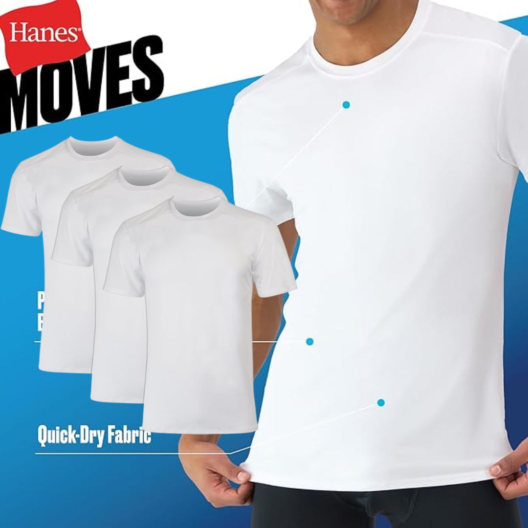 Hanes Camiseta masculina Moves Mesh, X-Temp com absorção de umidade, branca ou preta/cinza, pacote com 3 Hanes Camiseta masculina Moves Mesh, X-Temp com absorção de umidade, branca ou preta/cinza, pacote com 3