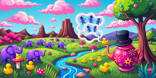 Create a surreal and whimsical illustration filled with random and unreasonable elements The scene i.jpg