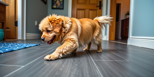 Generate an image of a fluffy golden colored dog exploring a room with a modern aesthetic The room f.jpg