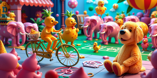 Create a 3D cartoon image featuring a chaotic and whimsical scene A teacup rides a bicycle made of s.jpg