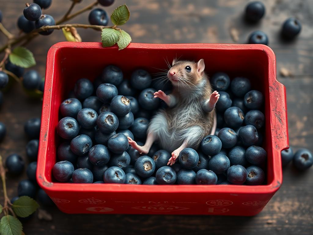 A red box of blue berries with a rat dancing inside