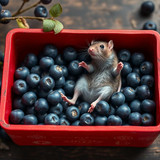 www.naked-ai.art - A red box of blue berries with a rat dancing inside
