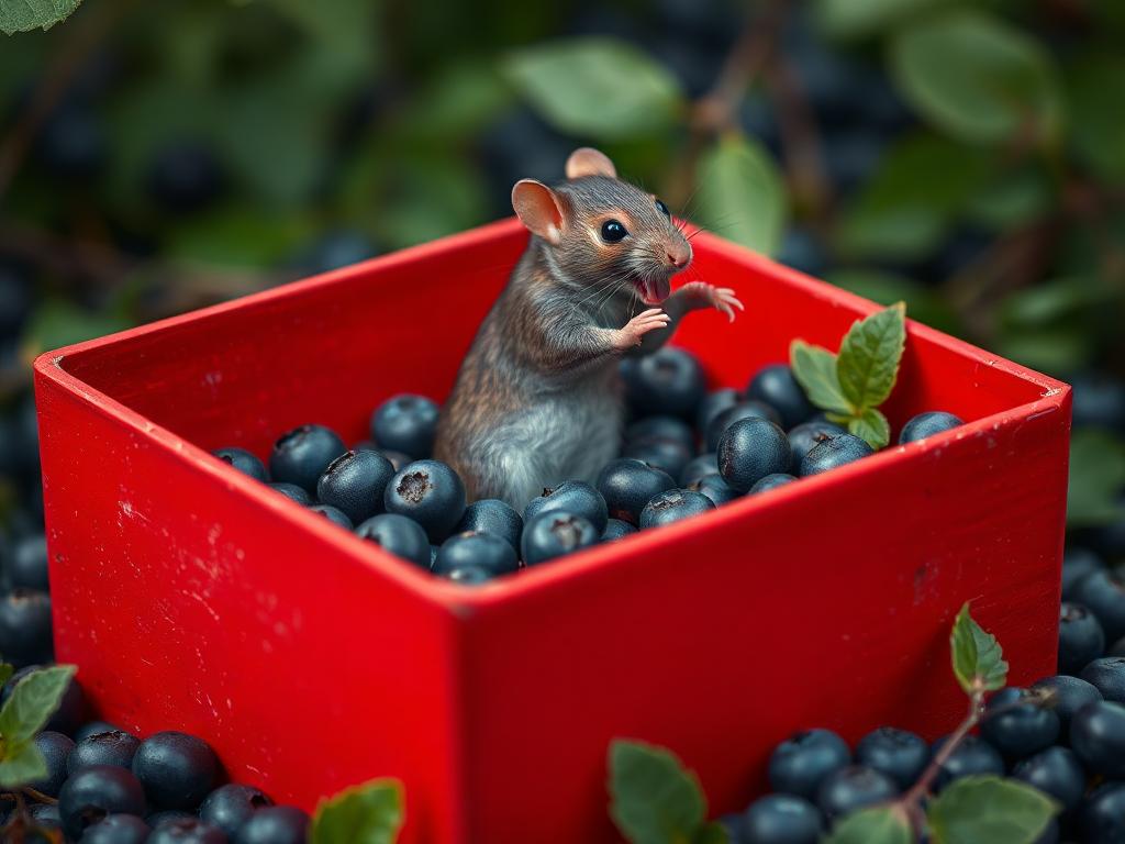 A red box of blue berries with a rat dancing inside