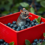 www.naked-ai.art - A red box of blue berries with a rat dancing inside