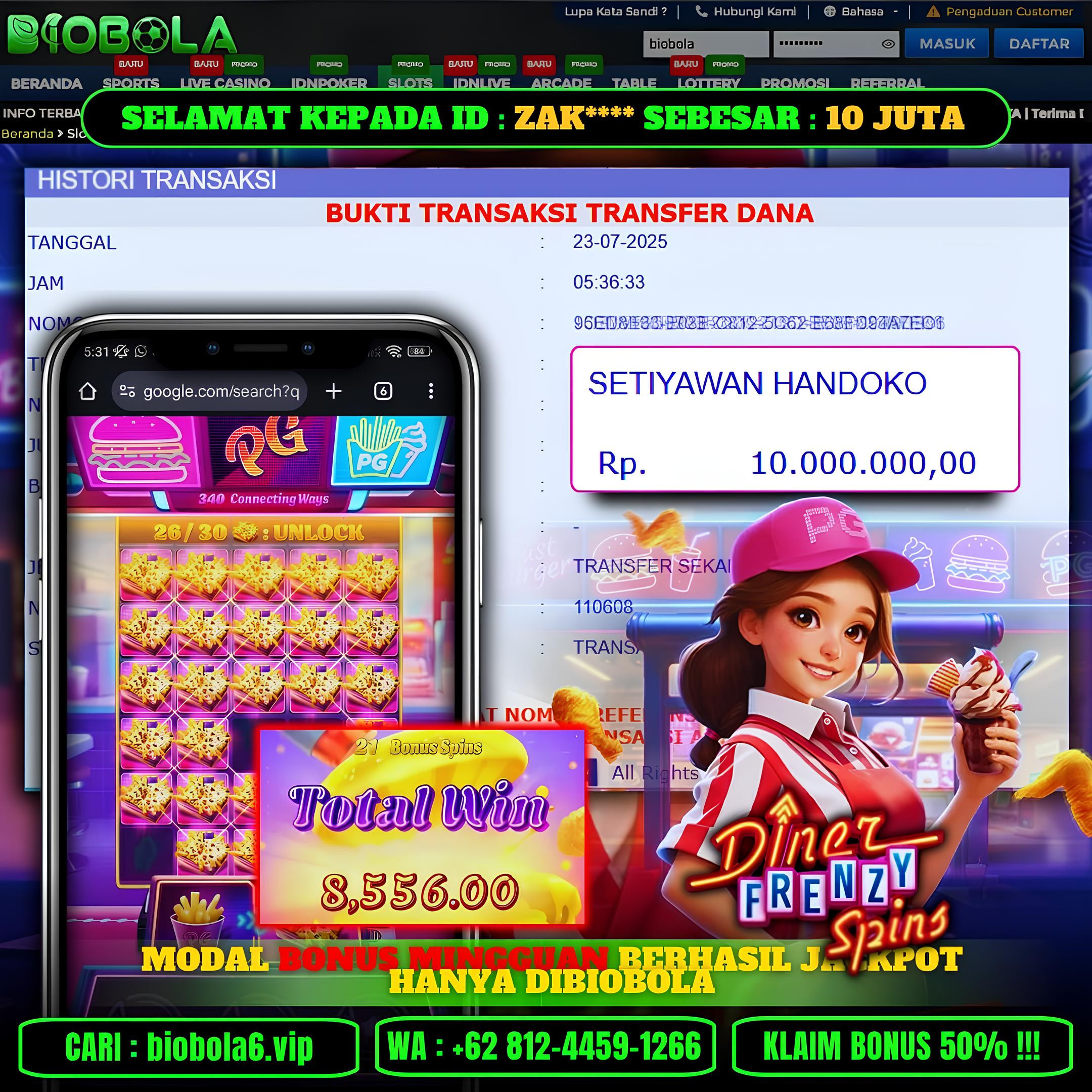 BIOBOLA  - JACKPOT DI GAME SLOT DINNER FRENZY SPINS RP 10JT DIBAYAR LUNAS