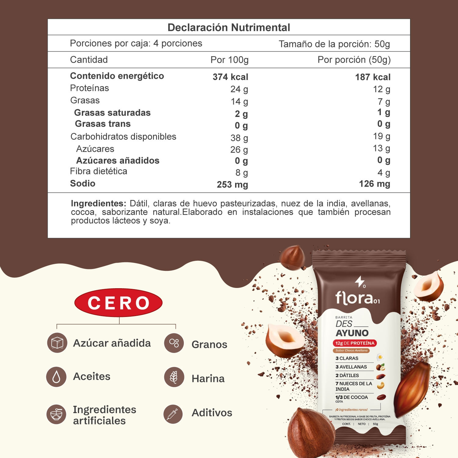 Barra de desayuno Flora01 sabor chocolate y avellana 4 paquetes de 50 ...